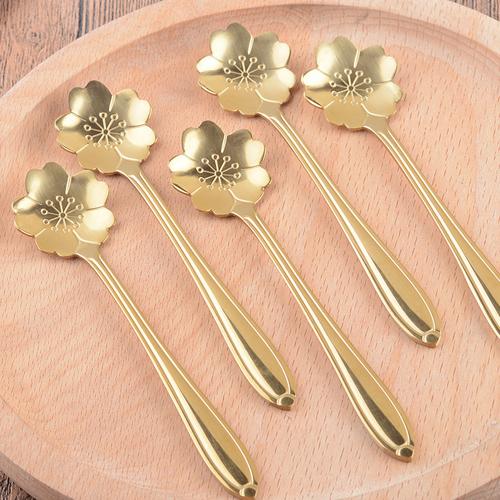不锈钢勺子厂家直供  金色樱花勺创意搅拌勺礼品花朵不锈钢咖啡勺